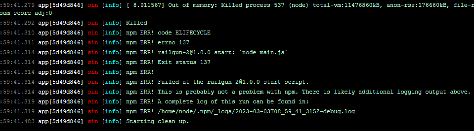 log lines showing a NodeJS out of memory crash killing the process